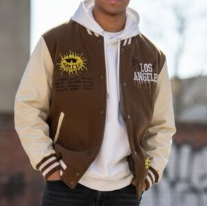 PacSun "Drain Out Bad Energy" Varsity Jacket Mens Brown Cream  Size XL